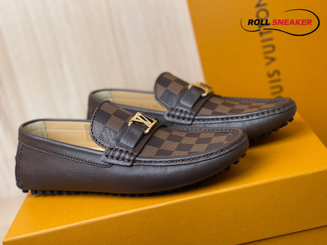 Giày Moca Louis Vuitton Hockenheim Brown Da Bê Sần Damier Ebene Logo LV Vàng