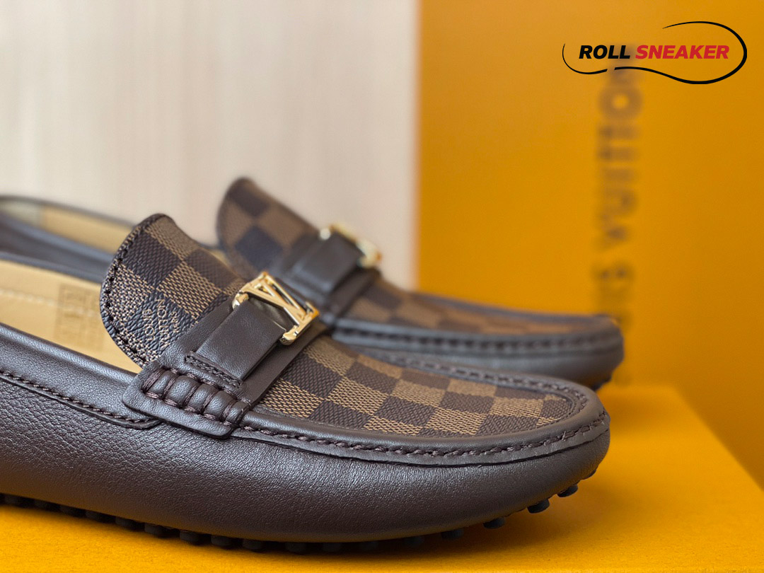 Giày Moca Louis Vuitton Hockenheim Brown Da Bê Sần Damier Ebene Logo LV Vàng
