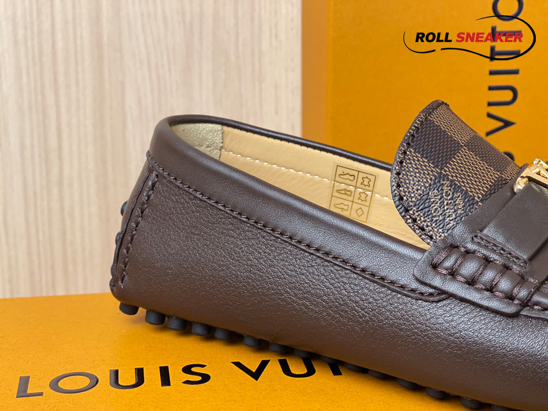 Giày Moca Louis Vuitton Hockenheim Brown Da Bê Sần Damier Ebene Logo LV Vàng