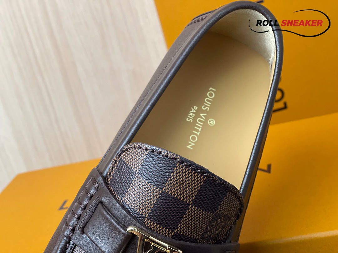 Giày Moca Louis Vuitton Hockenheim Brown Da Bê Sần Damier Ebene Logo LV Vàng