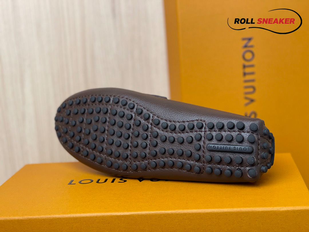 Giày Moca Louis Vuitton Hockenheim Brown Da Bê Sần Damier Ebene Logo LV Vàng