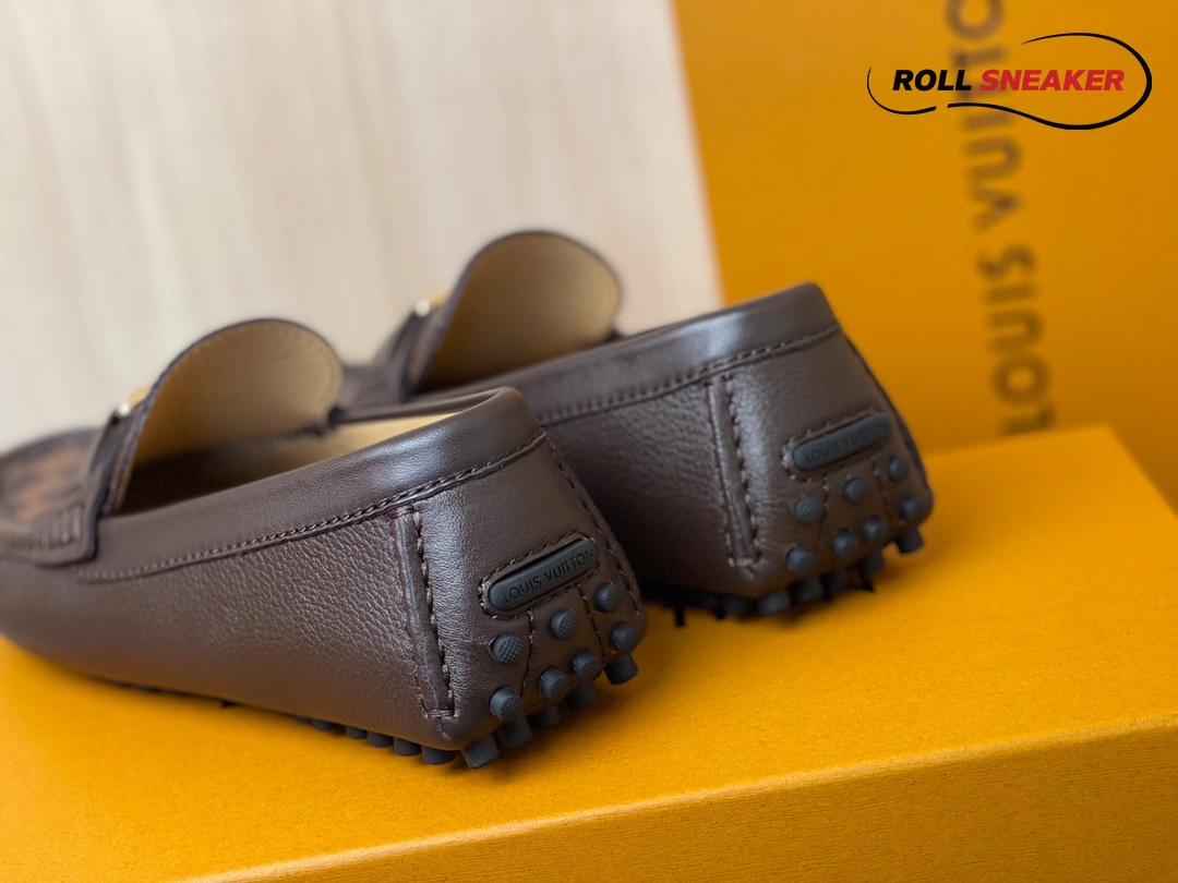 Giày Moca Louis Vuitton Hockenheim Brown Da Bê Sần Damier Ebene Logo LV Vàng