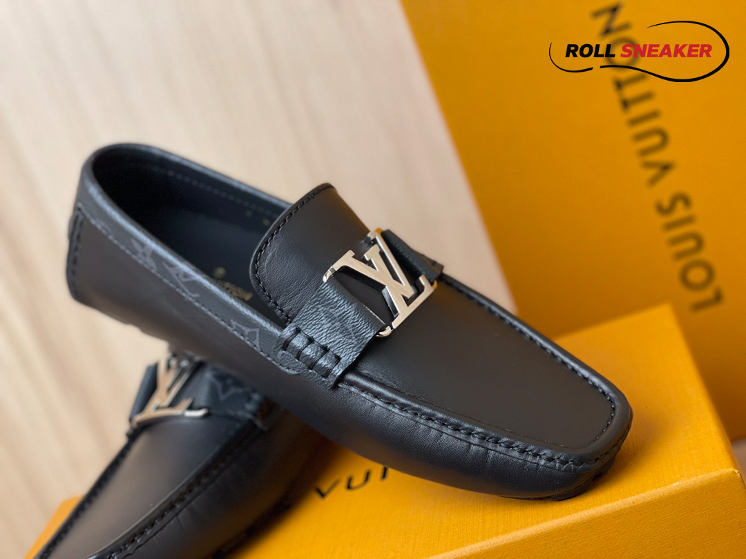 Giày Moca LV Monte Carlo Black Da Bê Trơn Monogram Canvas Khóa Logo Bạc Bóng