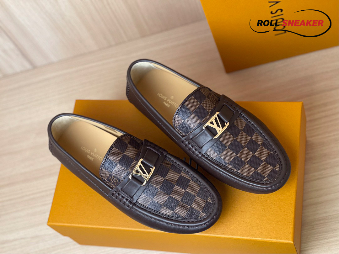 Giày lười LV Hockenheim Mocassin Black Da Bê Sần Họa Tiết Damier Ebene Logo LV Bạc