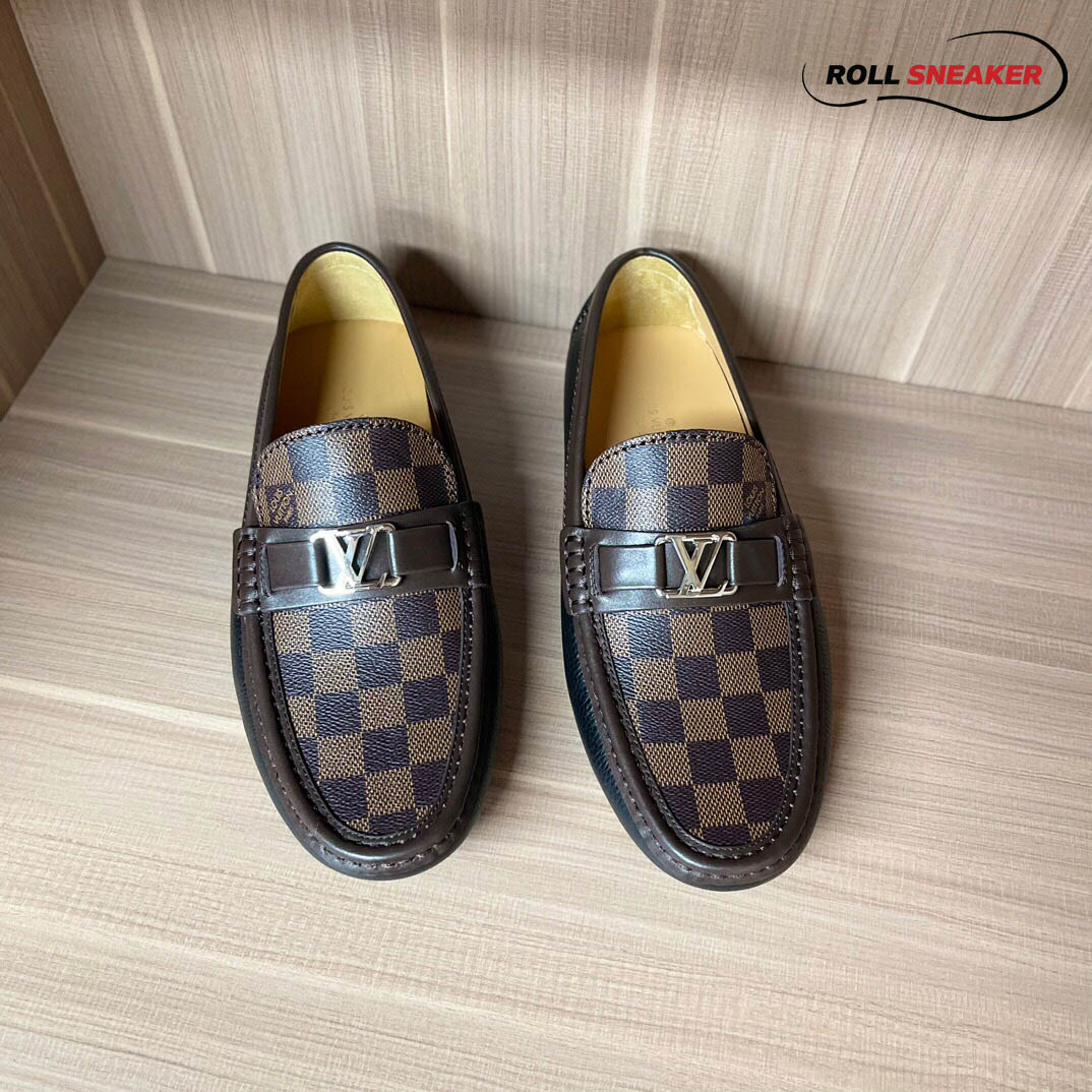 Giày lười LV Hockenheim Mocassin Black Da Bê Sần Họa Tiết Damier Ebene Logo LV Bạc