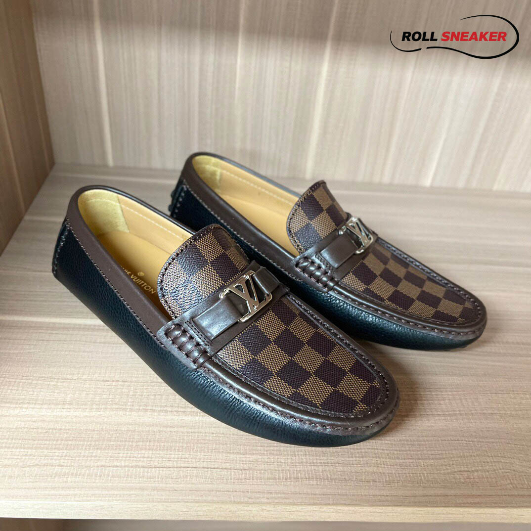 Giày lười LV Hockenheim Mocassin Black Da Bê Sần Họa Tiết Damier Ebene Logo LV Bạc