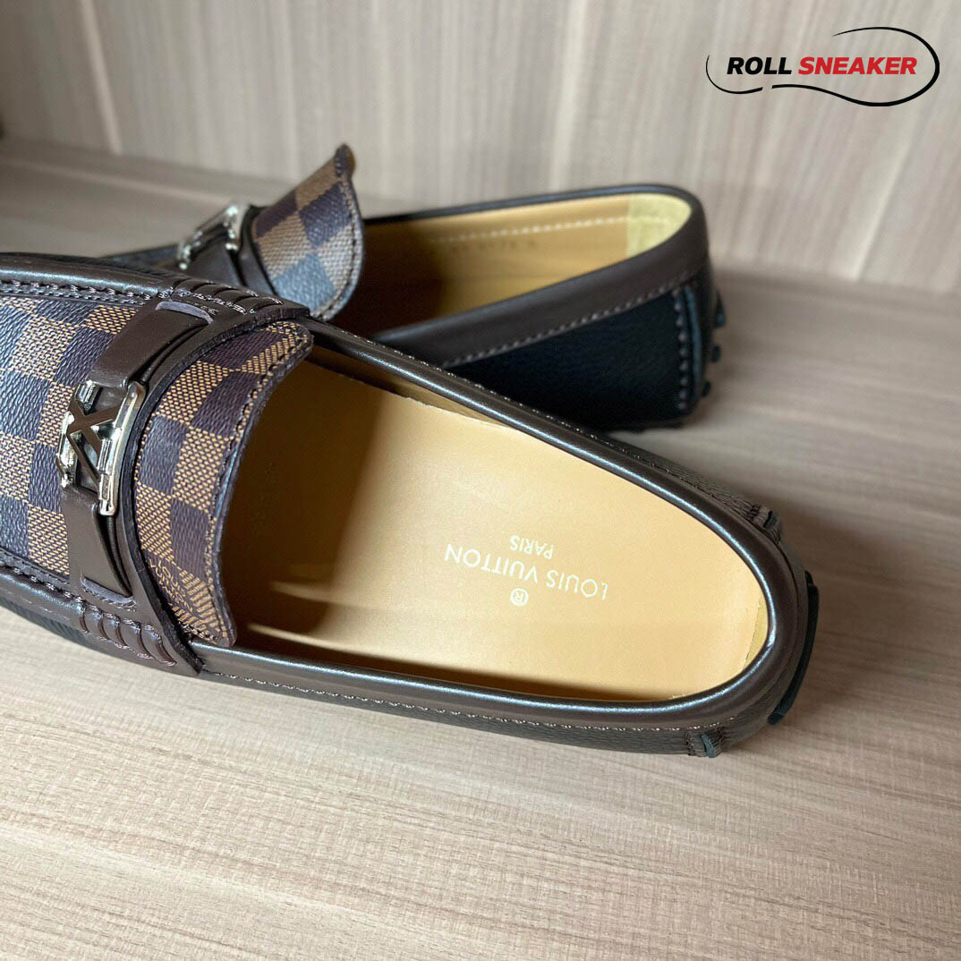 Giày lười LV Hockenheim Mocassin Black Da Bê Sần Họa Tiết Damier Ebene Logo LV Bạc