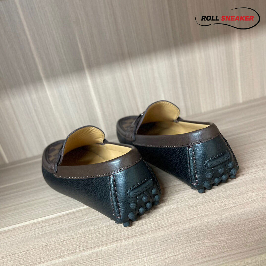 Giày lười LV Hockenheim Mocassin Black Da Bê Sần Họa Tiết Damier Ebene Logo LV Bạc