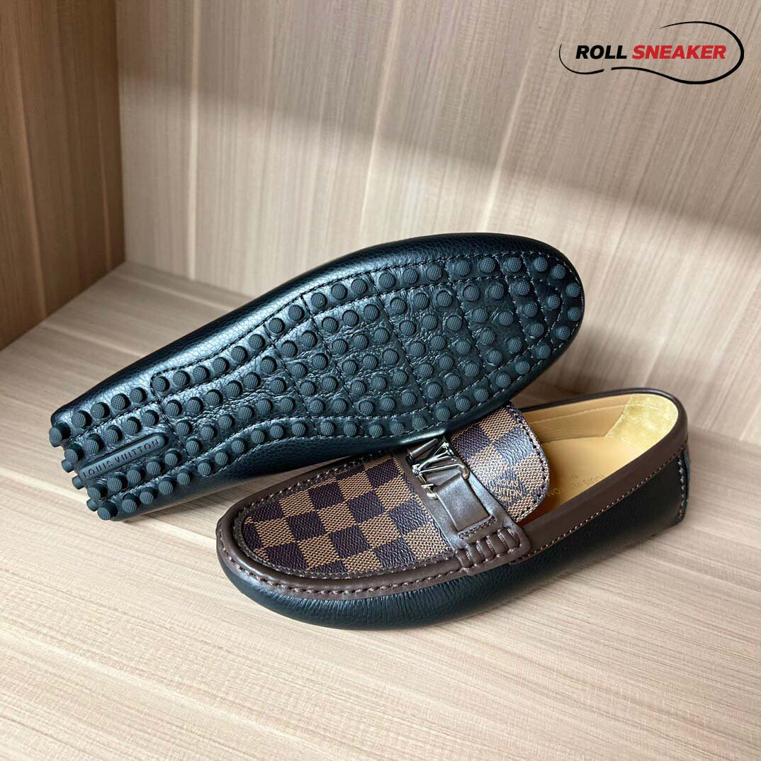 Giày lười LV Hockenheim Mocassin Black Da Bê Sần Họa Tiết Damier Ebene Logo LV Bạc