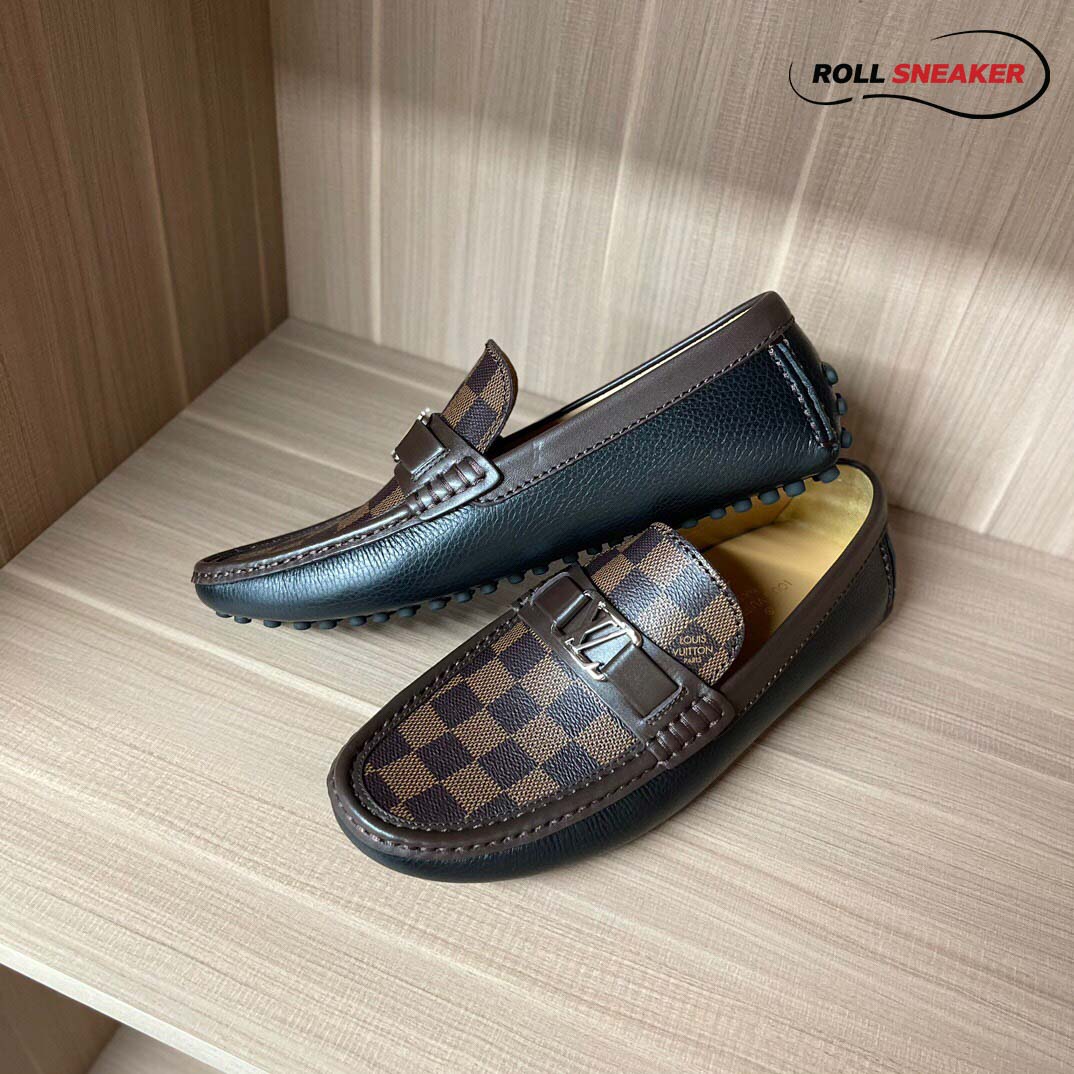 Giày lười LV Hockenheim Mocassin Black Da Bê Sần Họa Tiết Damier Ebene Logo LV Bạc