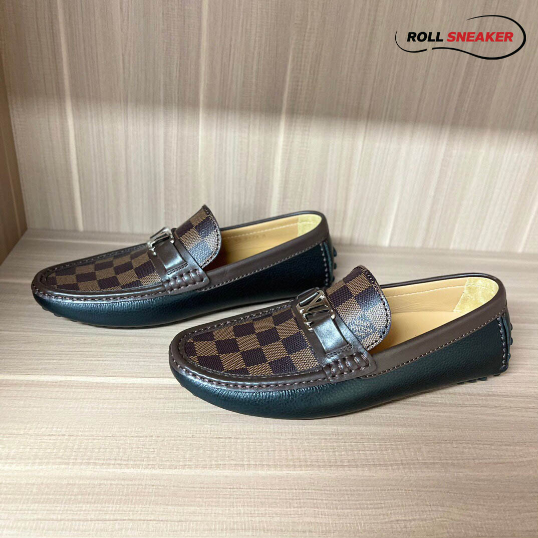 Giày lười LV Hockenheim Mocassin Black Da Bê Sần Họa Tiết Damier Ebene Logo LV Bạc