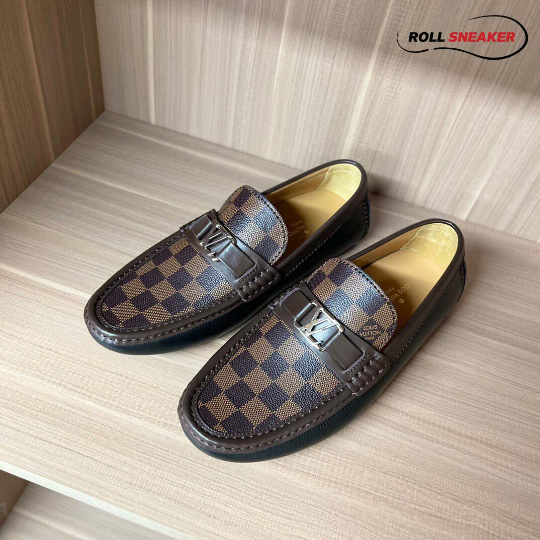 Giày lười LV Hockenheim Mocassin Black Da Bê Sần Họa Tiết Damier Ebene Logo LV Bạc