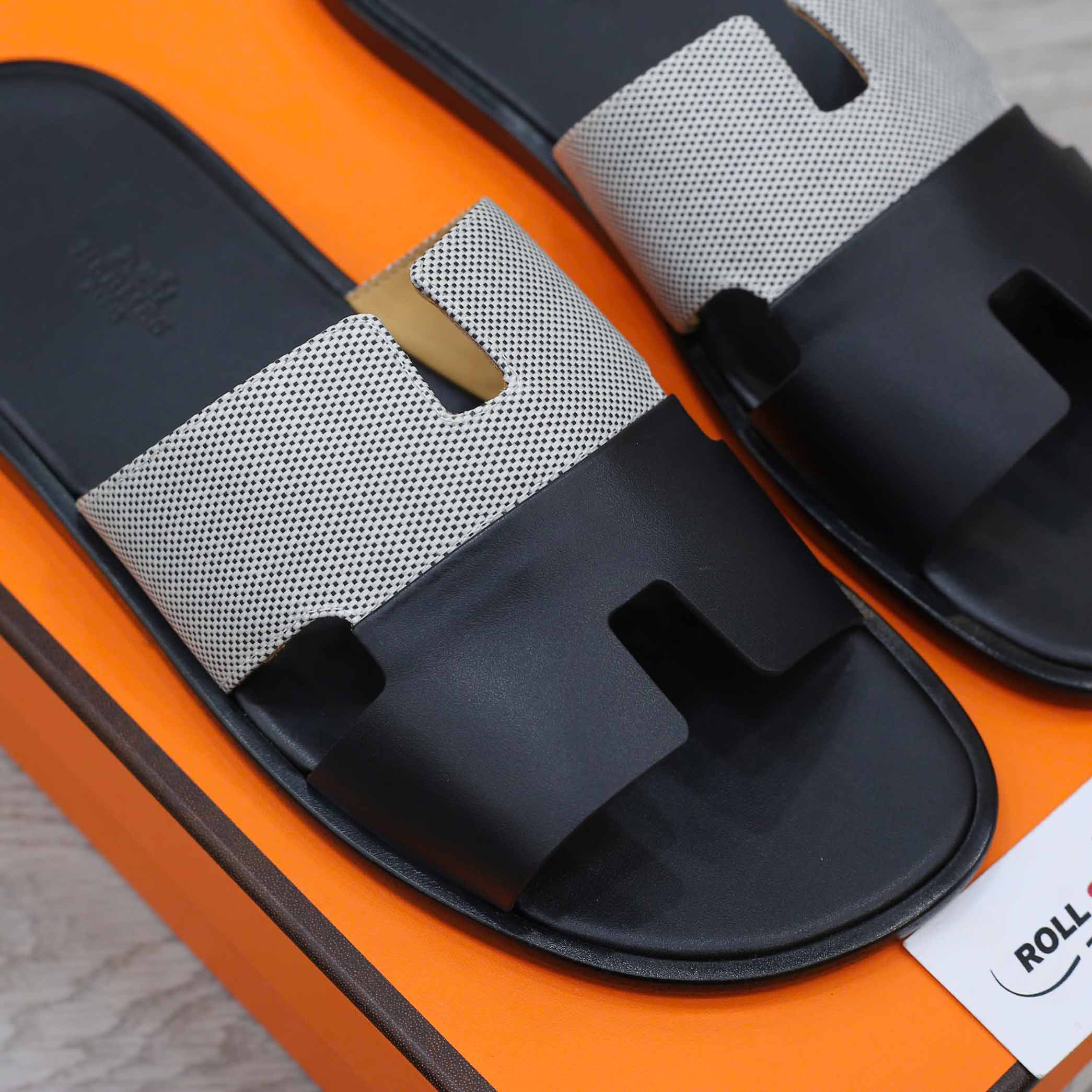 Dép Hermes Nam Canvas Bicolor Black White Like Auth