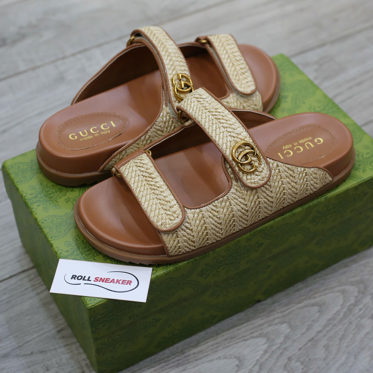 Dép Gucci Natural Double G-Plaque Raffia Best Quality